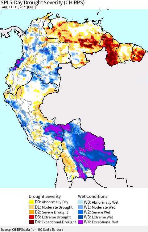 Northern South America SPI 5-Day Drought Severity (CHIRPS) Thematic Map For 8/11/2023 - 8/15/2023