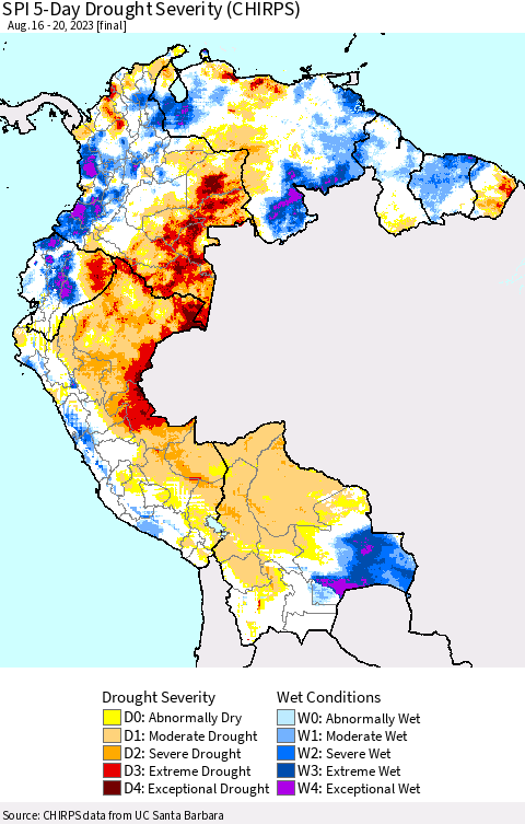 Northern South America SPI 5-Day Drought Severity (CHIRPS) Thematic Map For 8/16/2023 - 8/20/2023