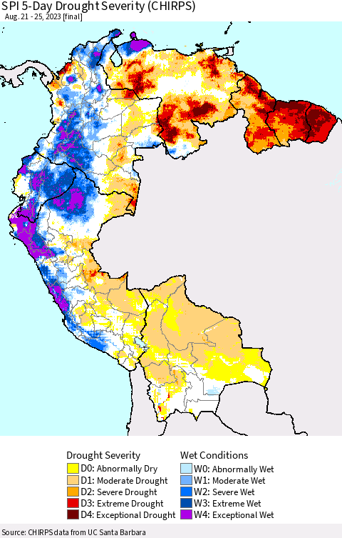 Northern South America SPI 5-Day Drought Severity (CHIRPS) Thematic Map For 8/21/2023 - 8/25/2023