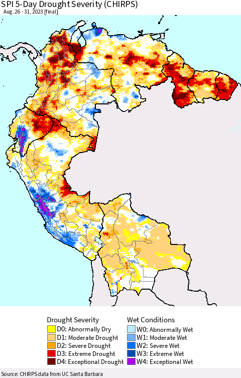 Northern South America SPI 5-Day Drought Severity (CHIRPS) Thematic Map For 8/26/2023 - 8/31/2023