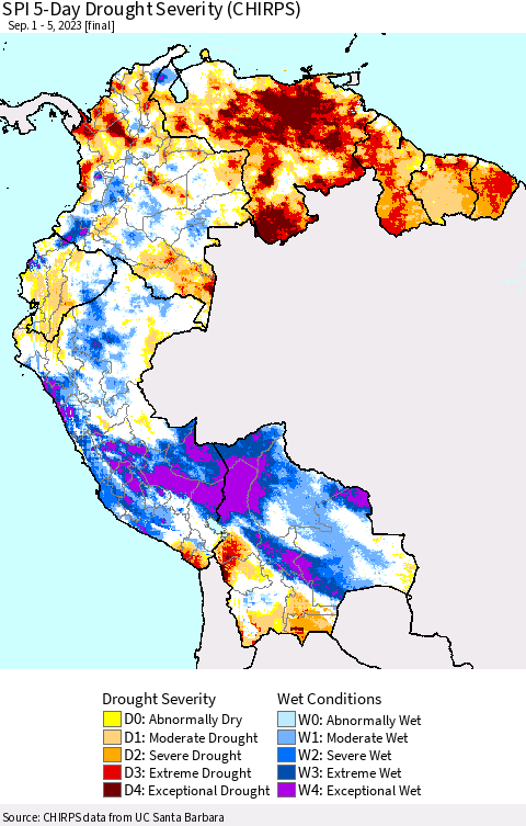 Northern South America SPI 5-Day Drought Severity (CHIRPS) Thematic Map For 9/1/2023 - 9/5/2023