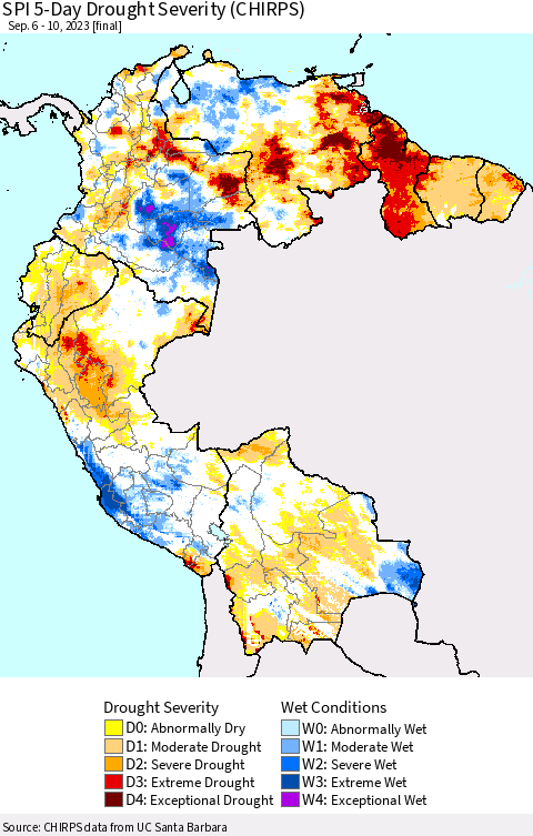 Northern South America SPI 5-Day Drought Severity (CHIRPS) Thematic Map For 9/6/2023 - 9/10/2023