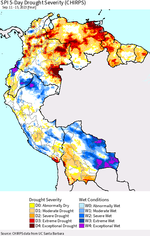 Northern South America SPI 5-Day Drought Severity (CHIRPS) Thematic Map For 9/11/2023 - 9/15/2023