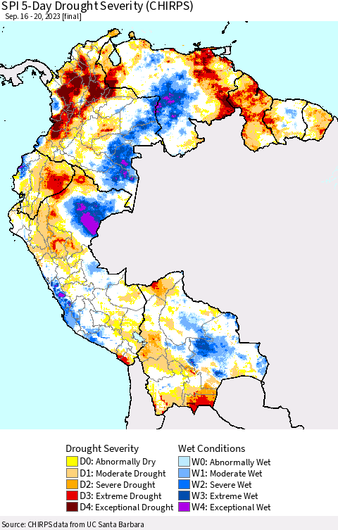 Northern South America SPI 5-Day Drought Severity (CHIRPS) Thematic Map For 9/16/2023 - 9/20/2023