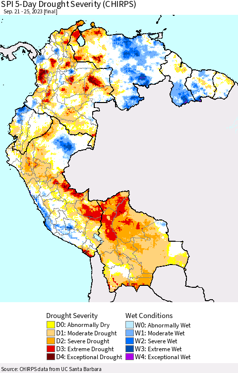 Northern South America SPI 5-Day Drought Severity (CHIRPS) Thematic Map For 9/21/2023 - 9/25/2023
