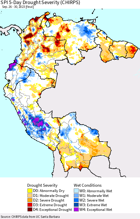 Northern South America SPI 5-Day Drought Severity (CHIRPS) Thematic Map For 9/26/2023 - 9/30/2023