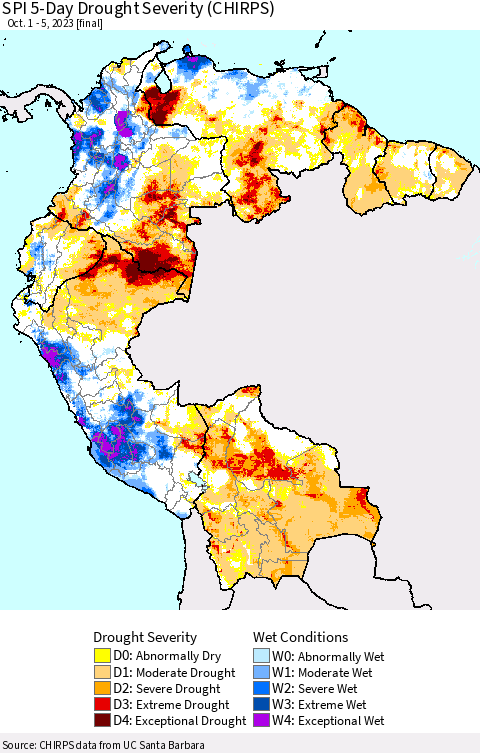Northern South America SPI 5-Day Drought Severity (CHIRPS) Thematic Map For 10/1/2023 - 10/5/2023