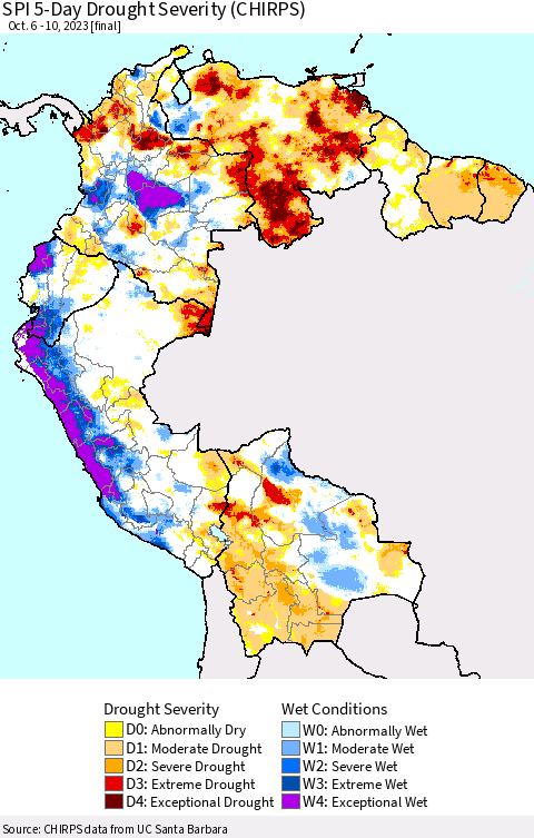 Northern South America SPI 5-Day Drought Severity (CHIRPS) Thematic Map For 10/6/2023 - 10/10/2023