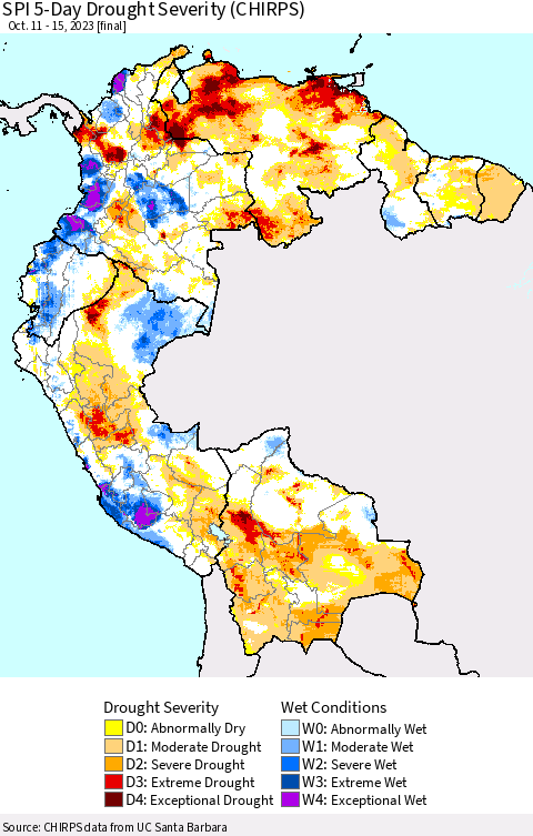 Northern South America SPI 5-Day Drought Severity (CHIRPS) Thematic Map For 10/11/2023 - 10/15/2023