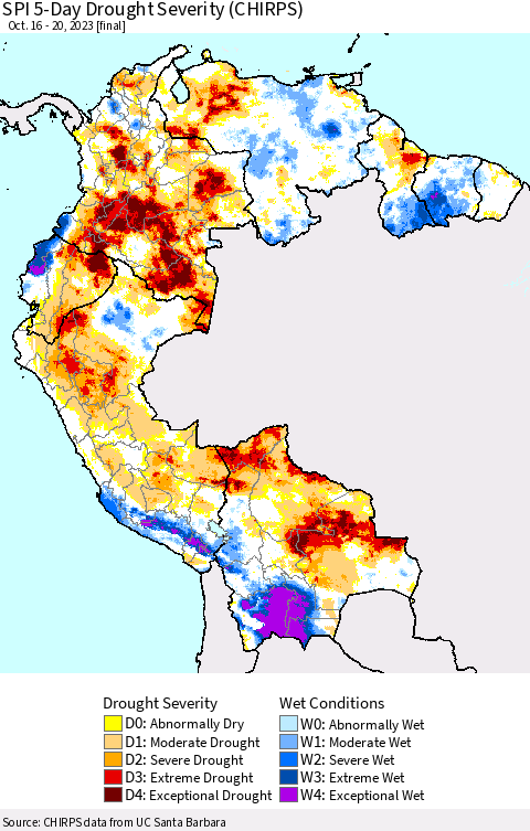 Northern South America SPI 5-Day Drought Severity (CHIRPS) Thematic Map For 10/16/2023 - 10/20/2023