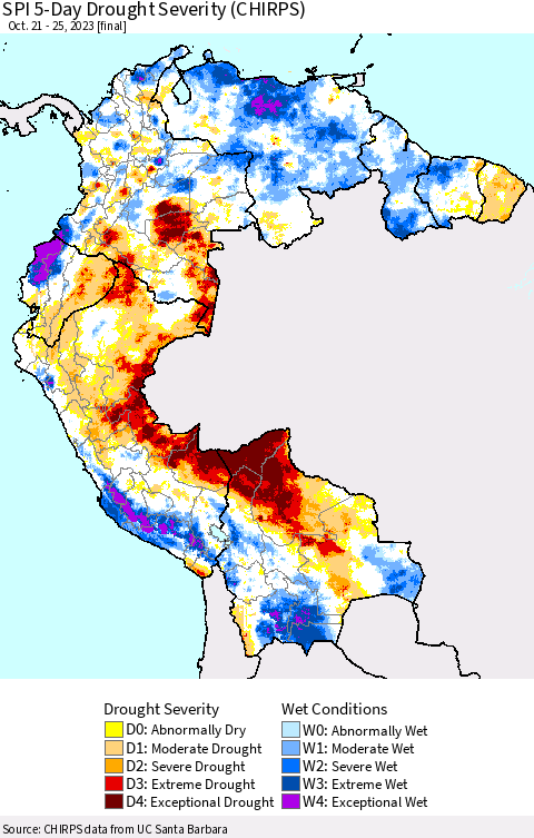 Northern South America SPI 5-Day Drought Severity (CHIRPS) Thematic Map For 10/21/2023 - 10/25/2023