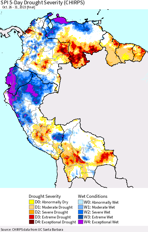 Northern South America SPI 5-Day Drought Severity (CHIRPS) Thematic Map For 10/26/2023 - 10/31/2023
