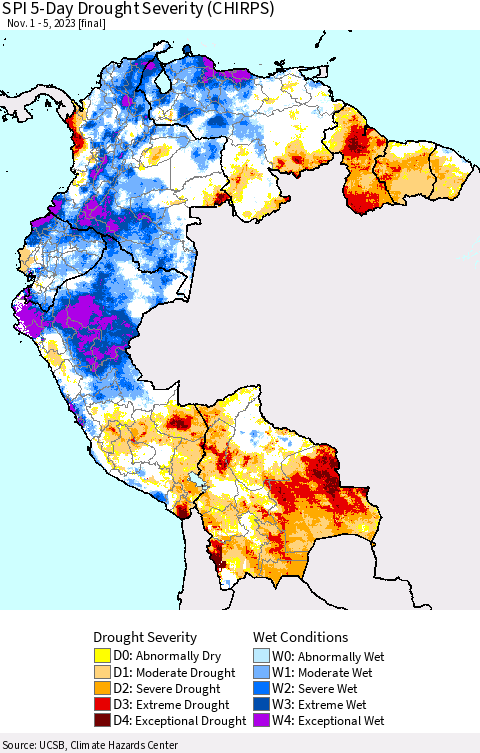 Northern South America SPI 5-Day Drought Severity (CHIRPS) Thematic Map For 11/1/2023 - 11/5/2023