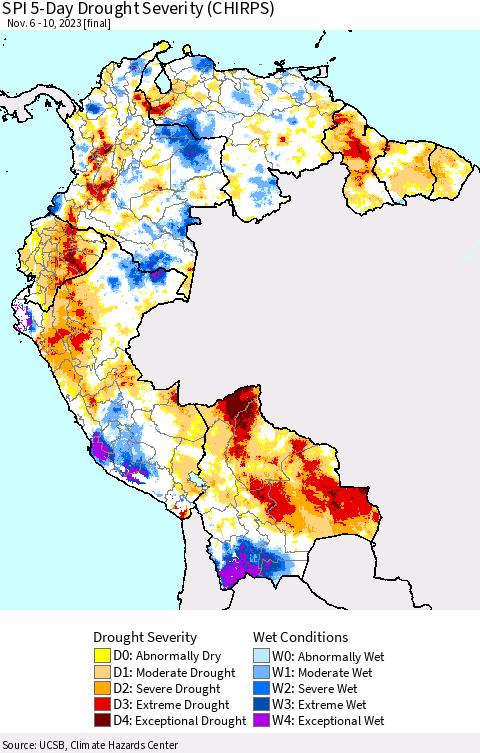 Northern South America SPI 5-Day Drought Severity (CHIRPS) Thematic Map For 11/6/2023 - 11/10/2023