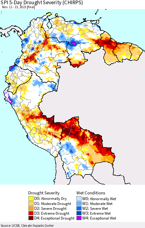 Northern South America SPI 5-Day Drought Severity (CHIRPS) Thematic Map For 11/11/2023 - 11/15/2023