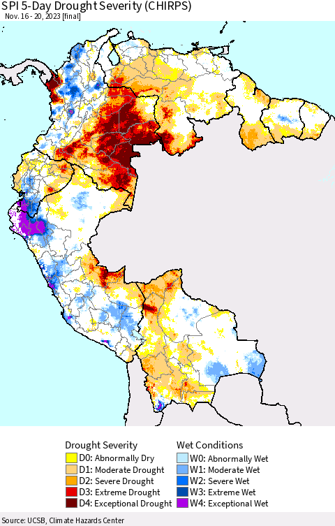 Northern South America SPI 5-Day Drought Severity (CHIRPS) Thematic Map For 11/16/2023 - 11/20/2023