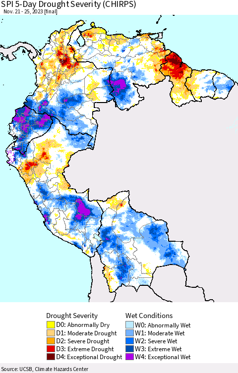 Northern South America SPI 5-Day Drought Severity (CHIRPS) Thematic Map For 11/21/2023 - 11/25/2023