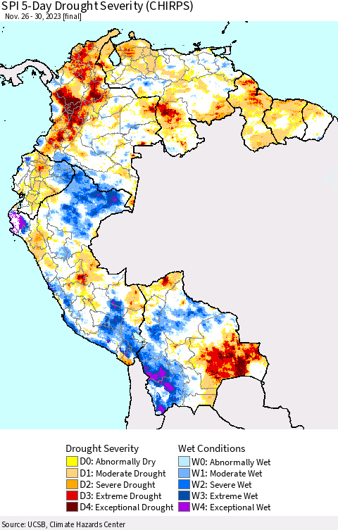 Northern South America SPI 5-Day Drought Severity (CHIRPS) Thematic Map For 11/26/2023 - 11/30/2023