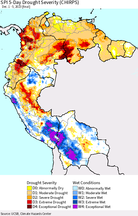 Northern South America SPI 5-Day Drought Severity (CHIRPS) Thematic Map For 12/1/2023 - 12/5/2023