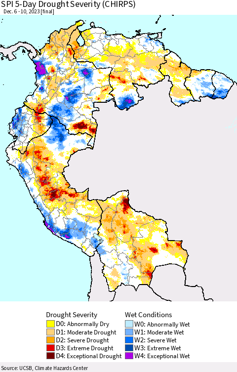 Northern South America SPI 5-Day Drought Severity (CHIRPS) Thematic Map For 12/6/2023 - 12/10/2023