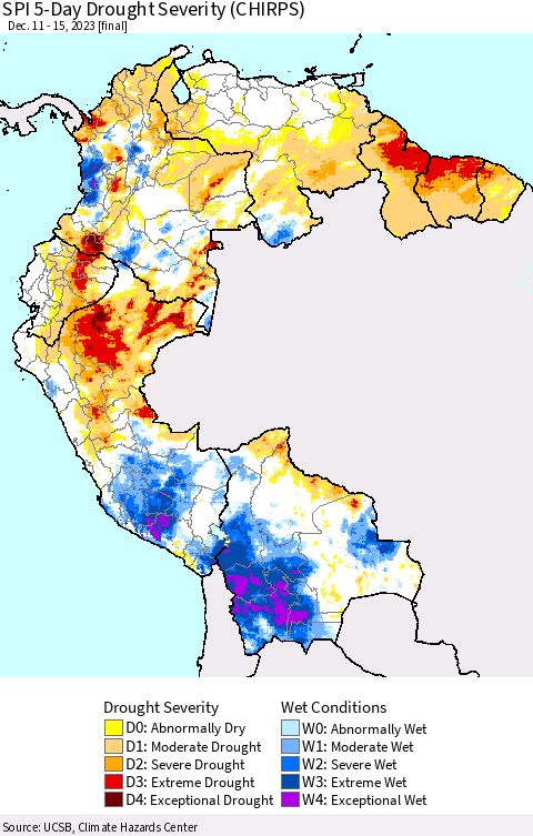 Northern South America SPI 5-Day Drought Severity (CHIRPS) Thematic Map For 12/11/2023 - 12/15/2023