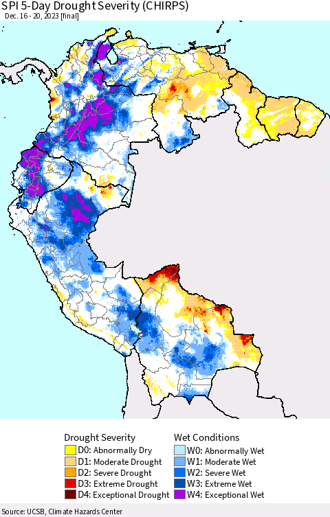 Northern South America SPI 5-Day Drought Severity (CHIRPS) Thematic Map For 12/16/2023 - 12/20/2023