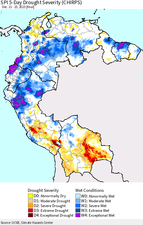 Northern South America SPI 5-Day Drought Severity (CHIRPS) Thematic Map For 12/21/2023 - 12/25/2023