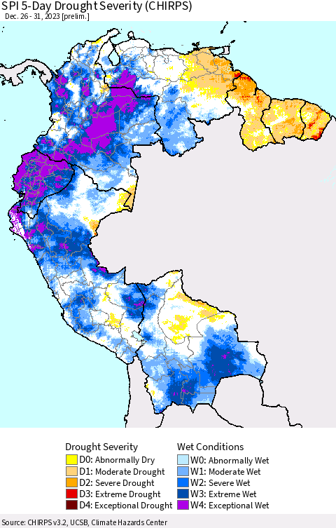 Northern South America SPI 5-Day Drought Severity (CHIRPS) Thematic Map For 12/26/2023 - 12/31/2023