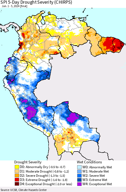Northern South America SPI 5-Day Drought Severity (CHIRPS) Thematic Map For 1/1/2024 - 1/5/2024