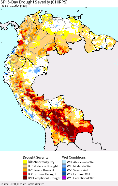 Northern South America SPI 5-Day Drought Severity (CHIRPS) Thematic Map For 1/6/2024 - 1/10/2024