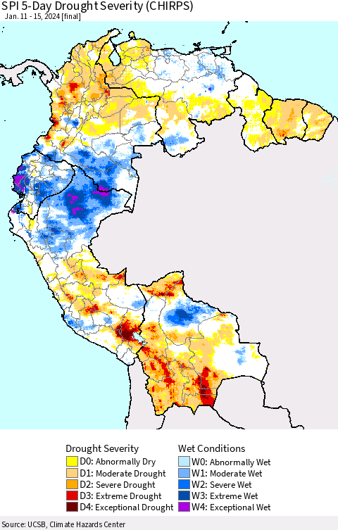 Northern South America SPI 5-Day Drought Severity (CHIRPS) Thematic Map For 1/11/2024 - 1/15/2024