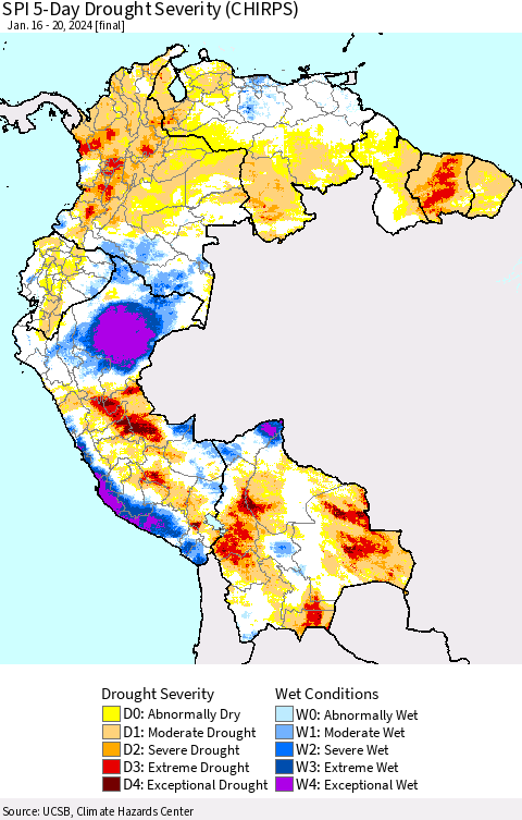 Northern South America SPI 5-Day Drought Severity (CHIRPS) Thematic Map For 1/16/2024 - 1/20/2024