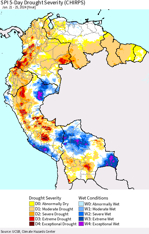 Northern South America SPI 5-Day Drought Severity (CHIRPS) Thematic Map For 1/21/2024 - 1/25/2024