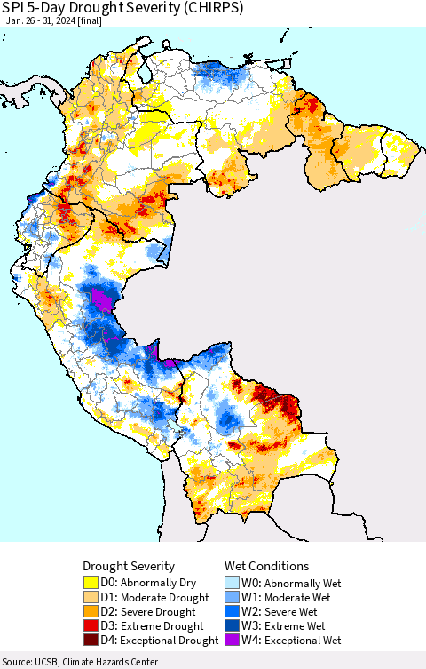 Northern South America SPI 5-Day Drought Severity (CHIRPS) Thematic Map For 1/26/2024 - 1/31/2024