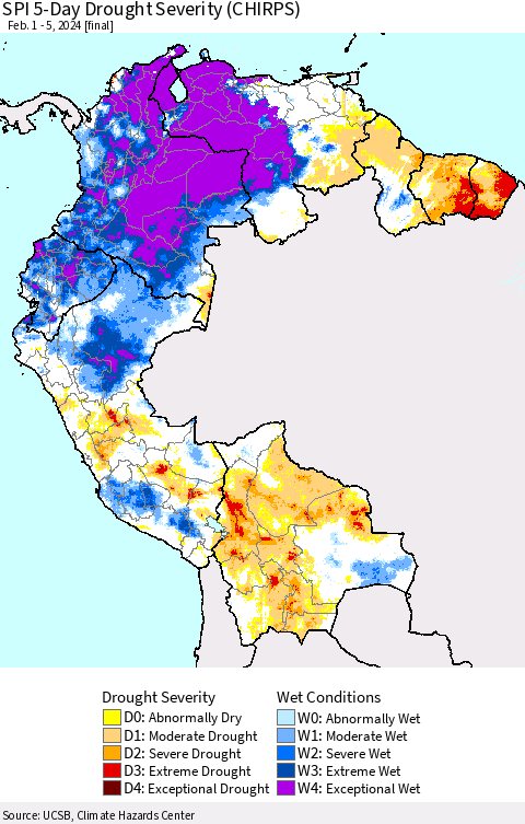 Northern South America SPI 5-Day Drought Severity (CHIRPS) Thematic Map For 2/1/2024 - 2/5/2024