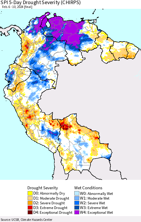 Northern South America SPI 5-Day Drought Severity (CHIRPS) Thematic Map For 2/6/2024 - 2/10/2024