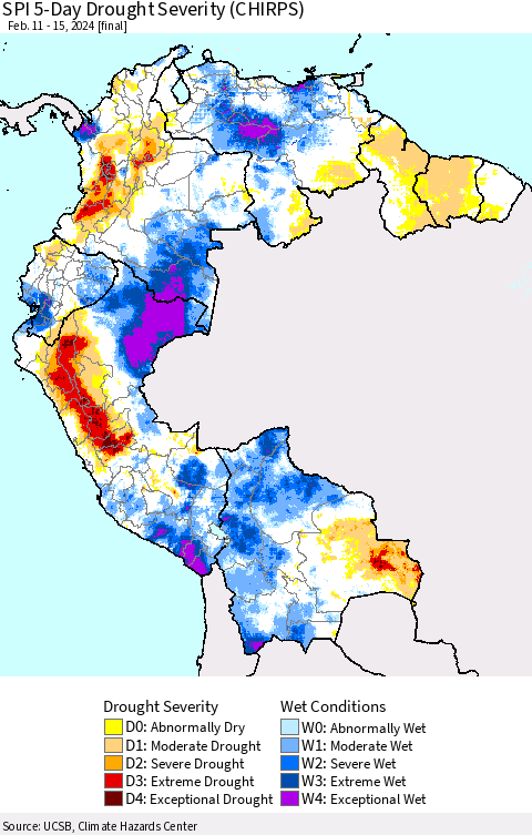 Northern South America SPI 5-Day Drought Severity (CHIRPS) Thematic Map For 2/11/2024 - 2/15/2024