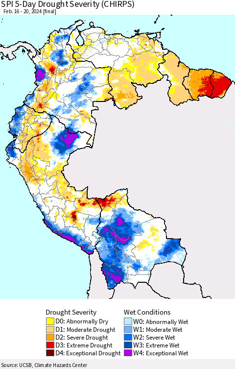 Northern South America SPI 5-Day Drought Severity (CHIRPS) Thematic Map For 2/16/2024 - 2/20/2024