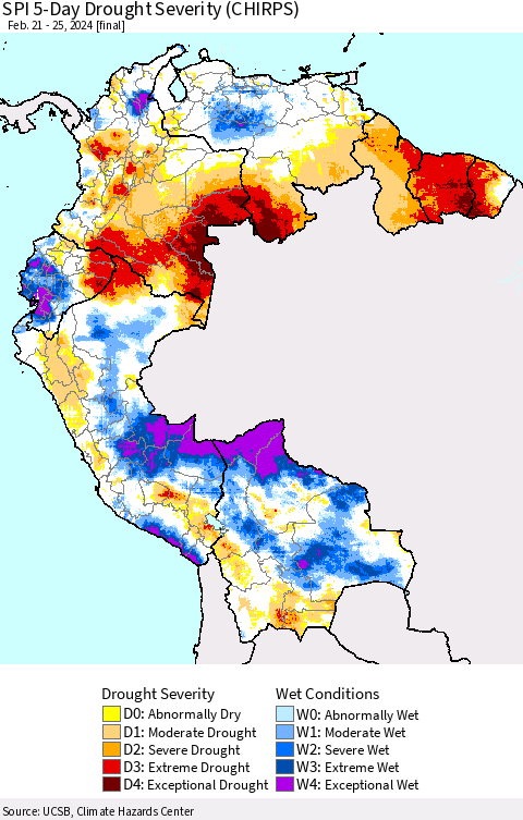 Northern South America SPI 5-Day Drought Severity (CHIRPS) Thematic Map For 2/21/2024 - 2/25/2024