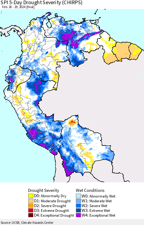 Northern South America SPI 5-Day Drought Severity (CHIRPS) Thematic Map For 2/26/2024 - 2/29/2024