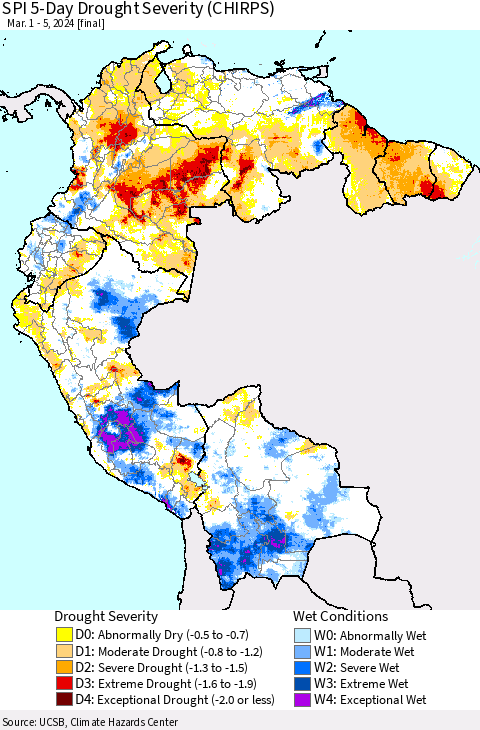 Northern South America SPI 5-Day Drought Severity (CHIRPS) Thematic Map For 3/1/2024 - 3/5/2024