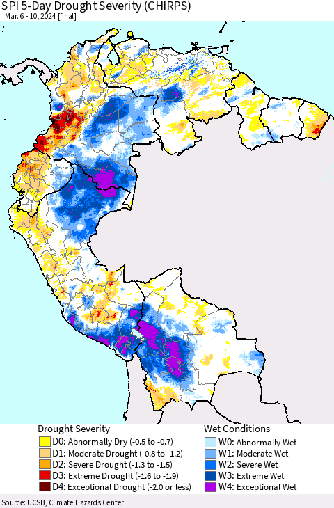 Northern South America SPI 5-Day Drought Severity (CHIRPS) Thematic Map For 3/6/2024 - 3/10/2024
