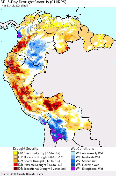 Northern South America SPI 5-Day Drought Severity (CHIRPS) Thematic Map For 3/11/2024 - 3/15/2024