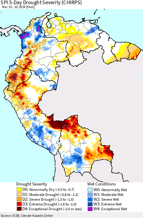 Northern South America SPI 5-Day Drought Severity (CHIRPS) Thematic Map For 3/16/2024 - 3/20/2024