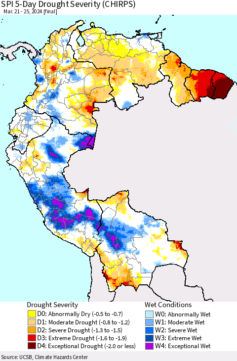 Northern South America SPI 5-Day Drought Severity (CHIRPS) Thematic Map For 3/21/2024 - 3/25/2024