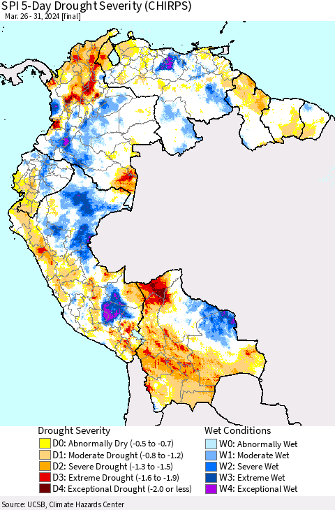 Northern South America SPI 5-Day Drought Severity (CHIRPS) Thematic Map For 3/26/2024 - 3/31/2024