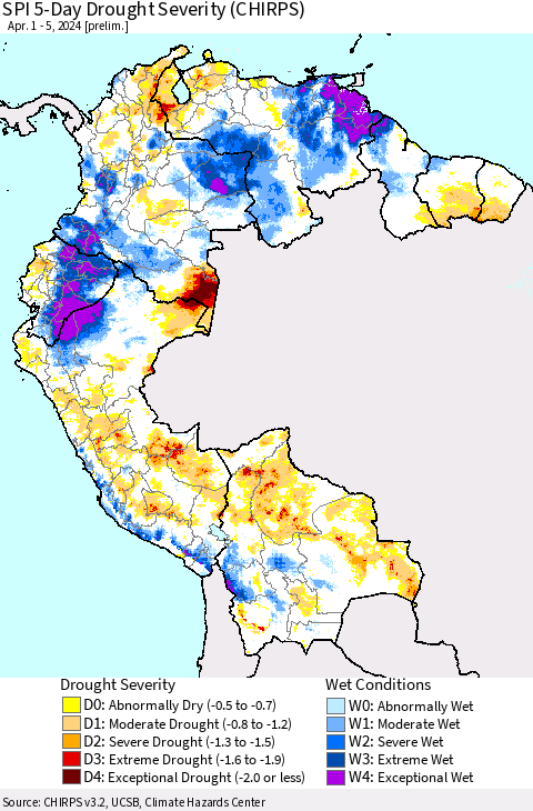 Northern South America SPI 5-Day Drought Severity (CHIRPS) Thematic Map For 4/1/2024 - 4/5/2024
