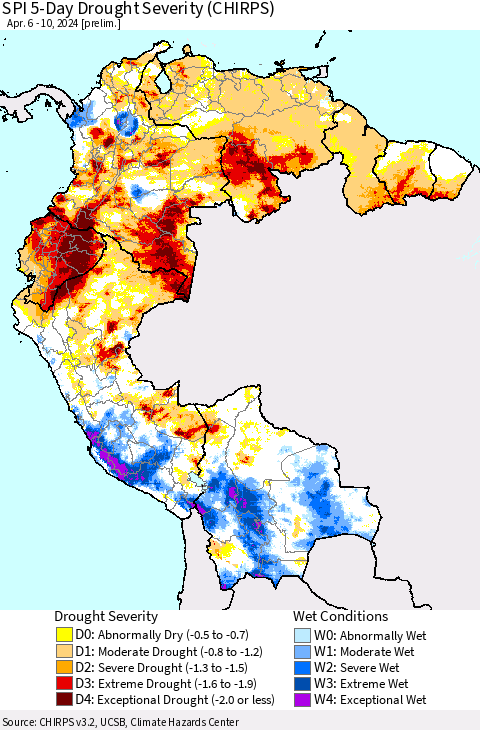 Northern South America SPI 5-Day Drought Severity (CHIRPS) Thematic Map For 4/6/2024 - 4/10/2024