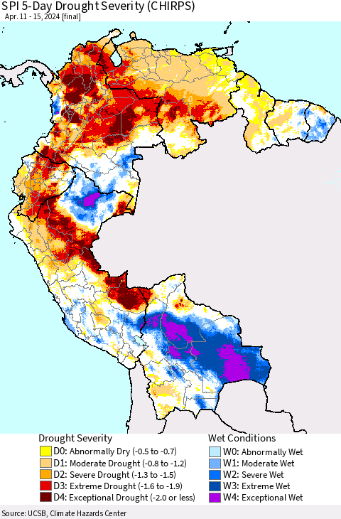 Northern South America SPI 5-Day Drought Severity (CHIRPS) Thematic Map For 4/11/2024 - 4/15/2024