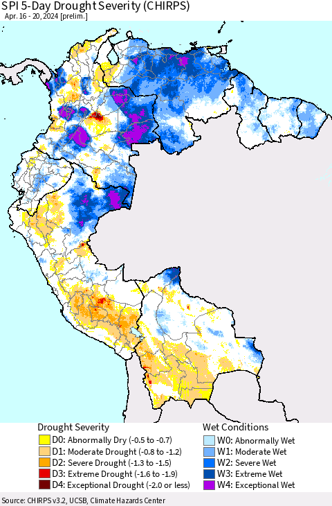 Northern South America SPI 5-Day Drought Severity (CHIRPS) Thematic Map For 4/16/2024 - 4/20/2024